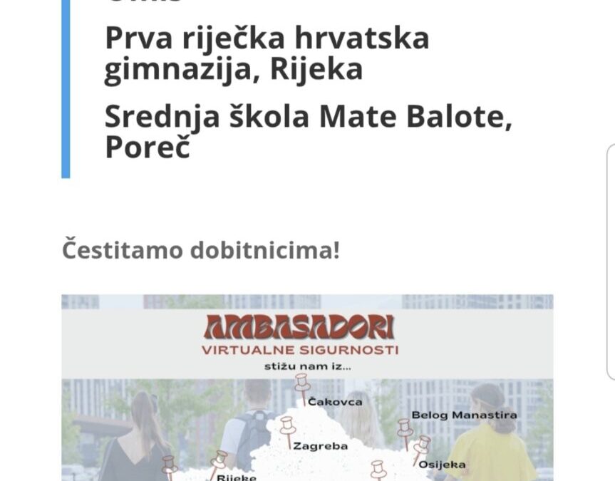 Srednja škola Mate Balote Poreč odabrana za Ambasadora virtualne sigurnosti